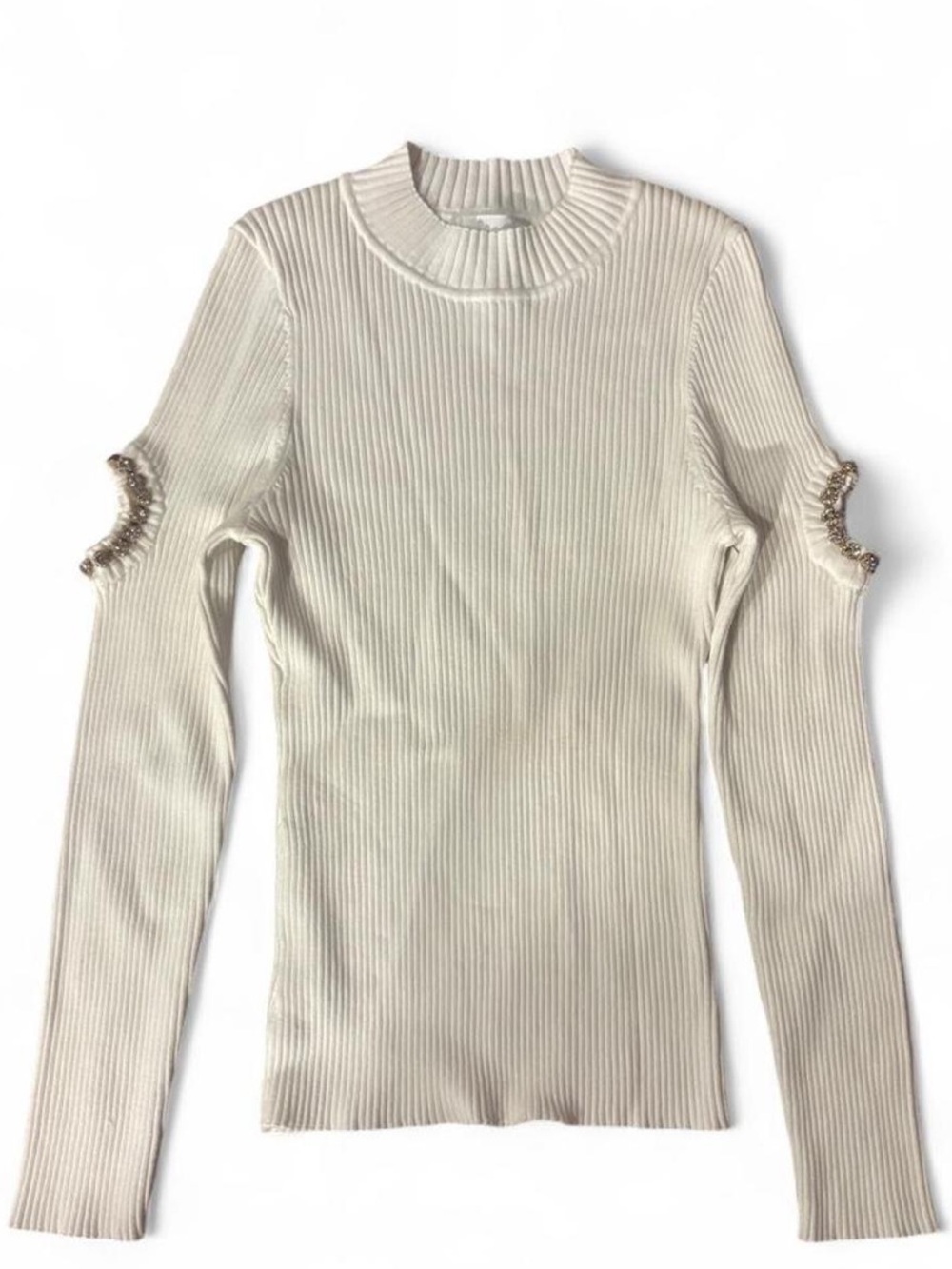 Milly White Ribbed Sweater - with embellished arms